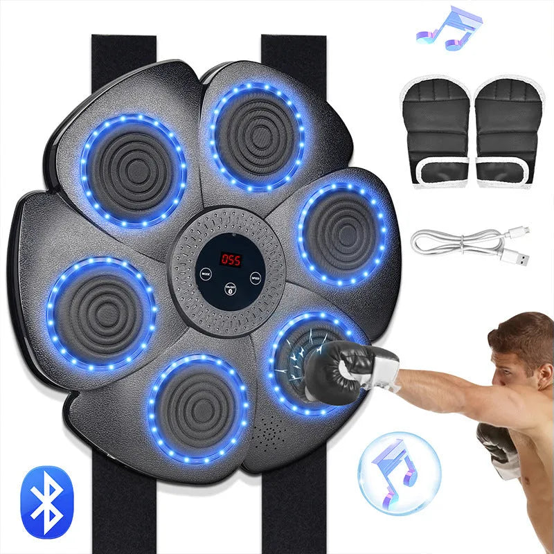 Black smart music boxing machine wall target with Bluetooth, LED lights, and included half-finger boxing gloves.