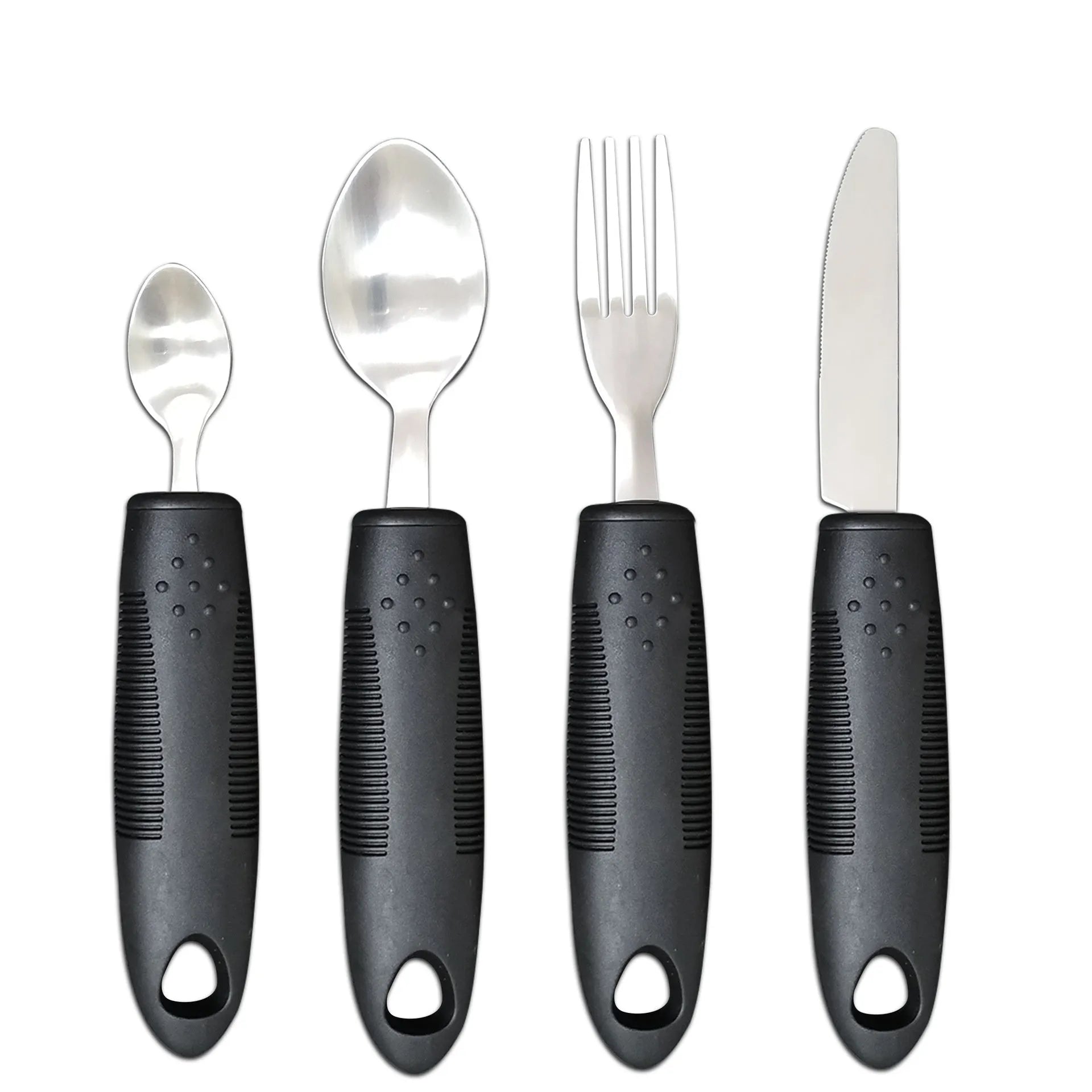 Stainless steel adaptive eating utensils with rubber anti-shake handles for elderly dining assistance