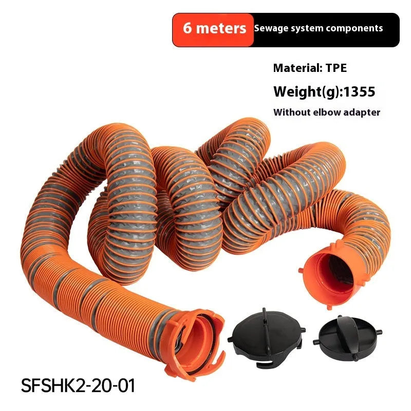 90-degree grey rotary elbow joint connector for a caravan sewage hose with extended polypropylene hose.