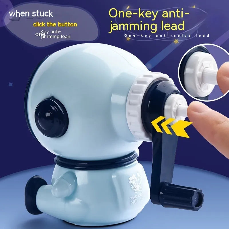 Blue astronaut-themed manual pencil sharpener with adjustable dial showing three sharpening levels
