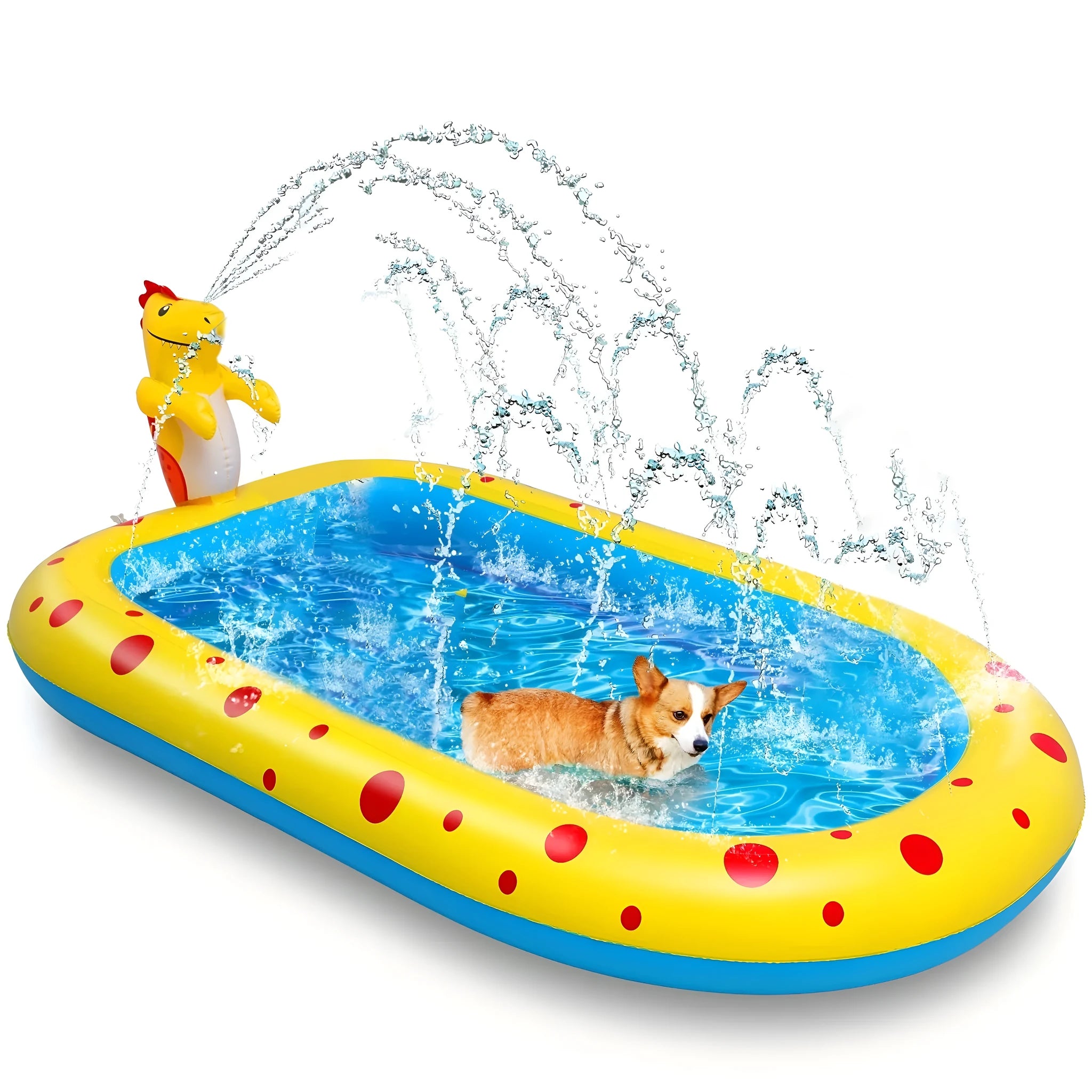Blue dinosaur-shaped inflatable water pool with multiple sprayers for children's outdoor play