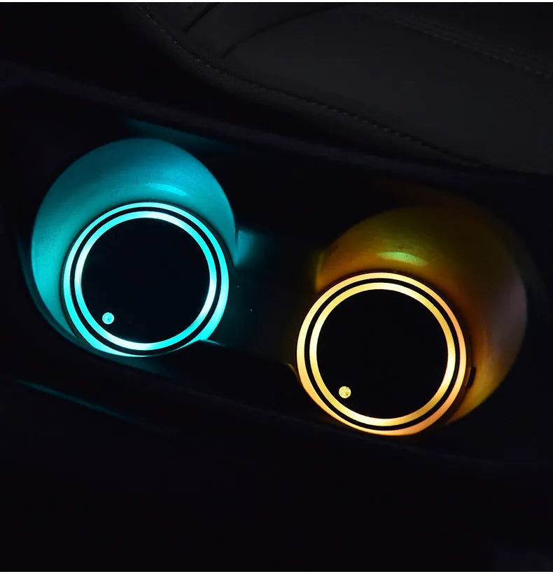 LED light-up coaster for car cup holder showing colourful illumination and 68mm diameter