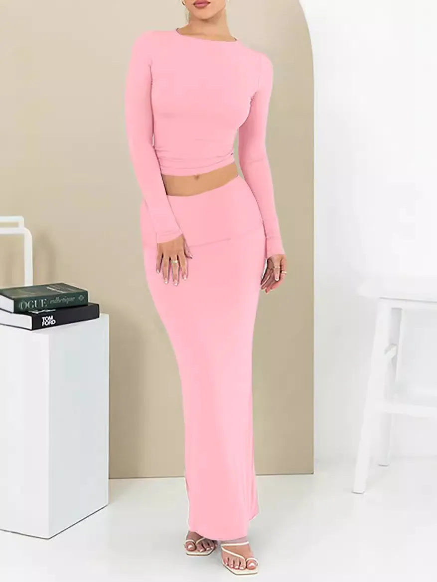 Women's polyester two-piece autumn suit in sweet style with three-quarter sleeves and long skirt
