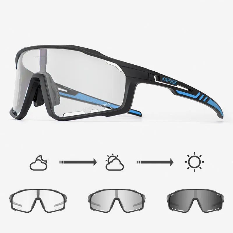 TR90 photochromic cycling sports goggles with a semi-rimless frame in one of 14 available colours.