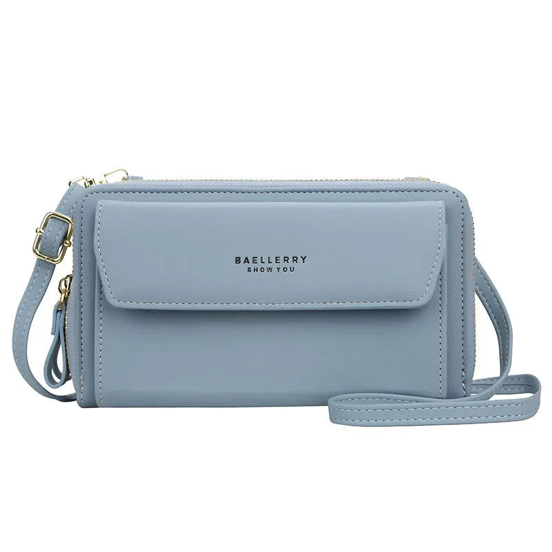 Ladies long wallet messenger bag in PU leather with double zipper, shown in multiple colour options