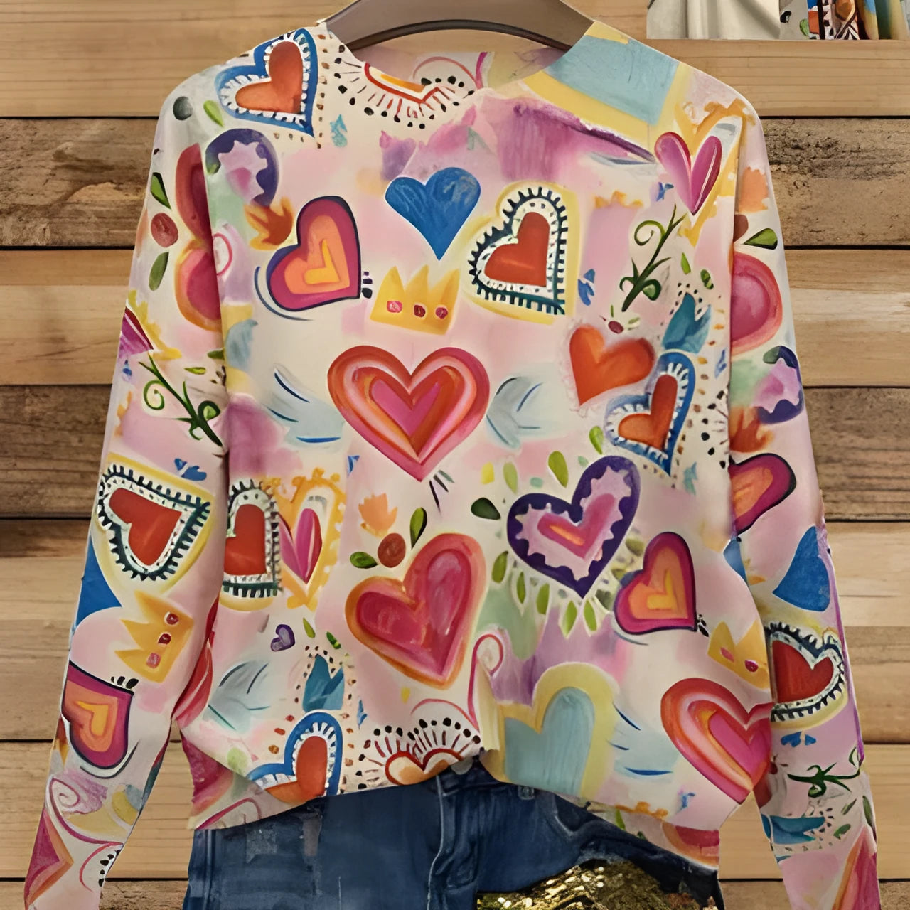 Loose-fit digital printed top with lapel collar on a hanger