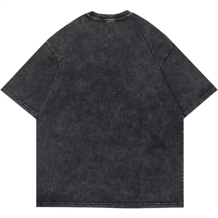 Men's washed black cotton t-shirt with retro cartoon print, loose fit short sleeve streetwear style