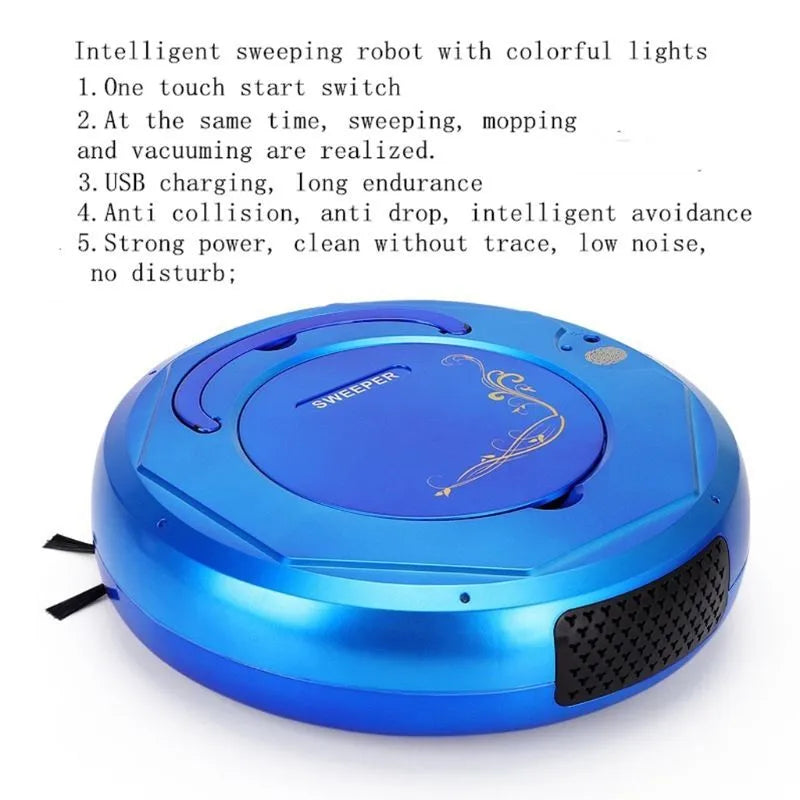 Smart floor sweeping robot vacuum cleaner in blue, black, or white colour options