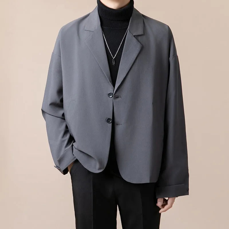 Men's loose fit casual suit jacket in chemical fibre blend fabric showing colour options