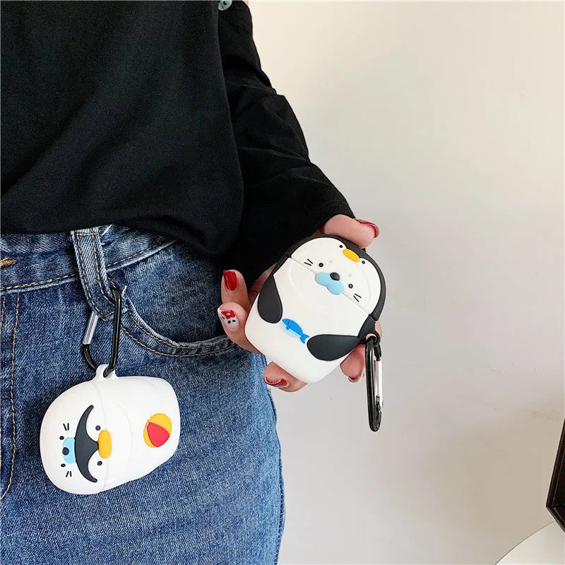 Silicone protective case for AirPods 1 2 generation with cartoon penguin design and hook