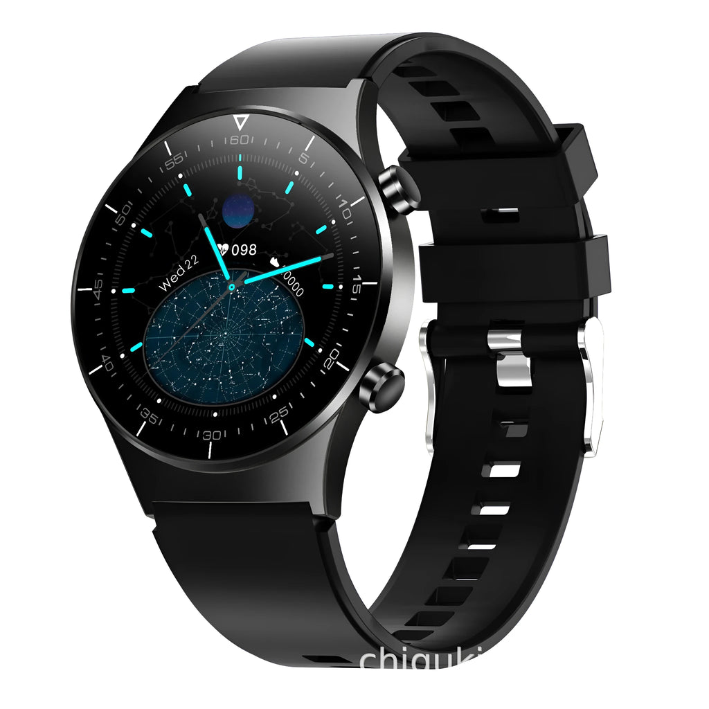 Black smart watch with TPU sports bracelet showing heart rate monitoring on 1.28-inch glass screen
