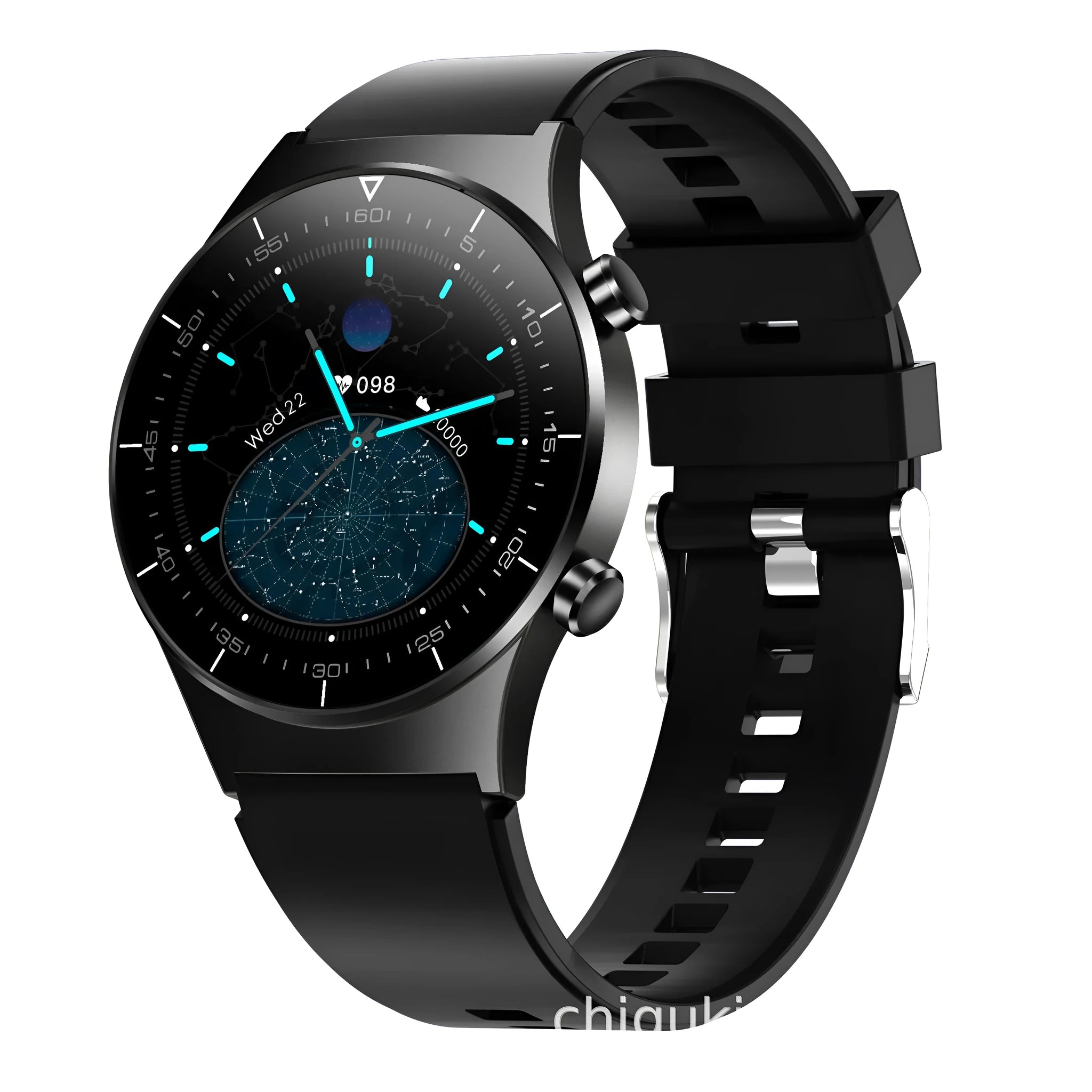 Black smart watch with TPU sports bracelet showing heart rate monitoring on 1.28-inch glass screen
