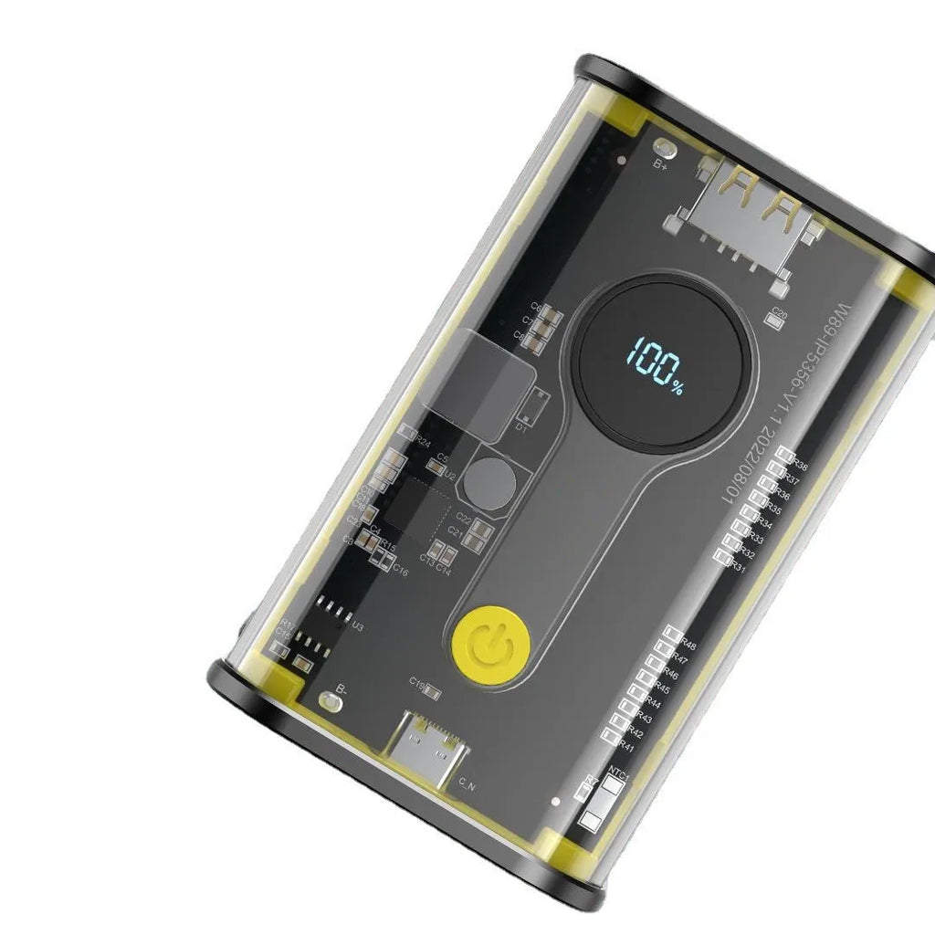 Transparent cylindrical aluminium power bank with 10000mAh capacity in black or yellow