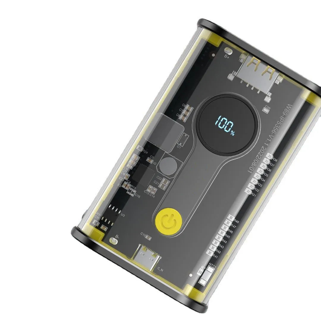 Transparent cylindrical aluminium power bank with 10000mAh capacity in black or yellow