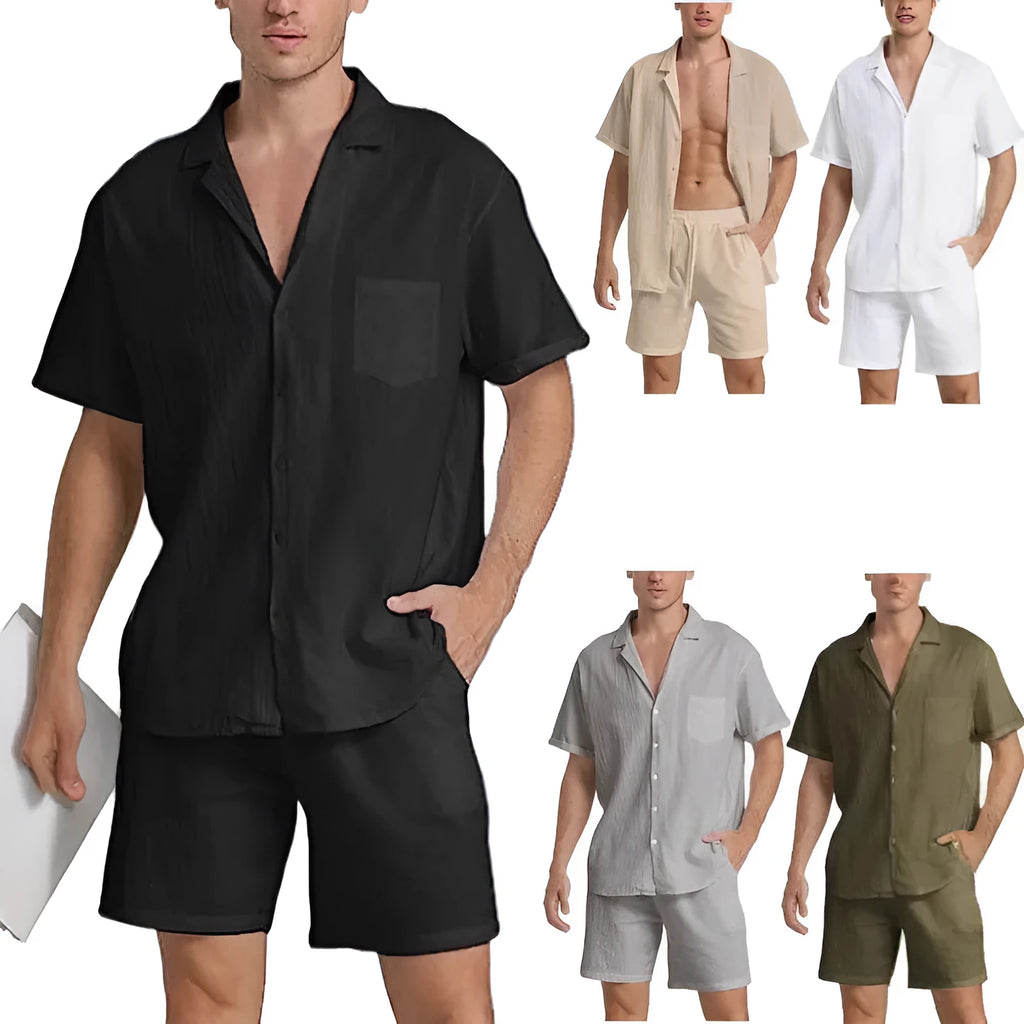 Men's flax short-sleeved top and shorts set for summer sports in army green.