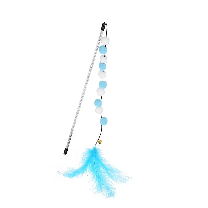 31cm long cat teaser interactive toy rod with feather, pompon, and bell attachments