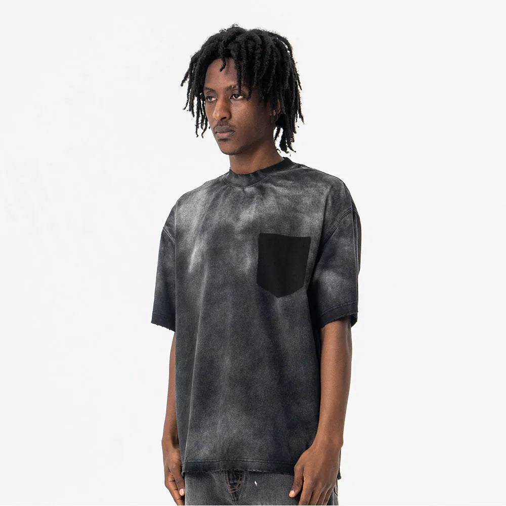 Black men's cotton t-shirt with printed letter design and drop-shoulder sleeves in loose street fashion style