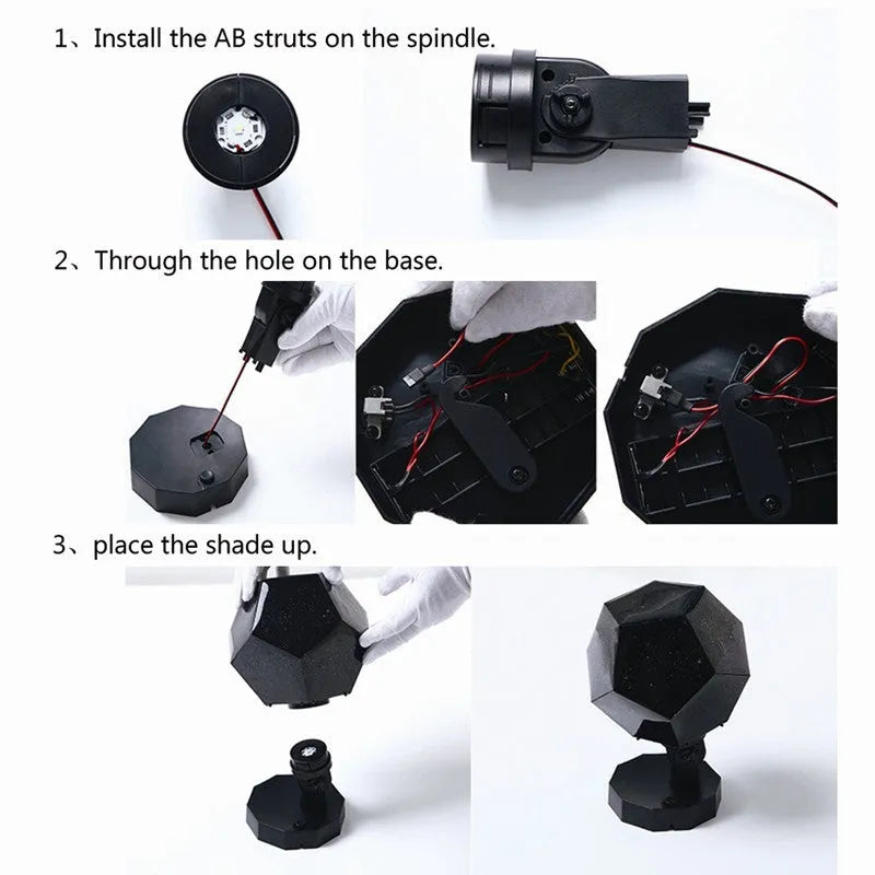 LED star projector showing constellation projection on bedroom ceiling with remote control
