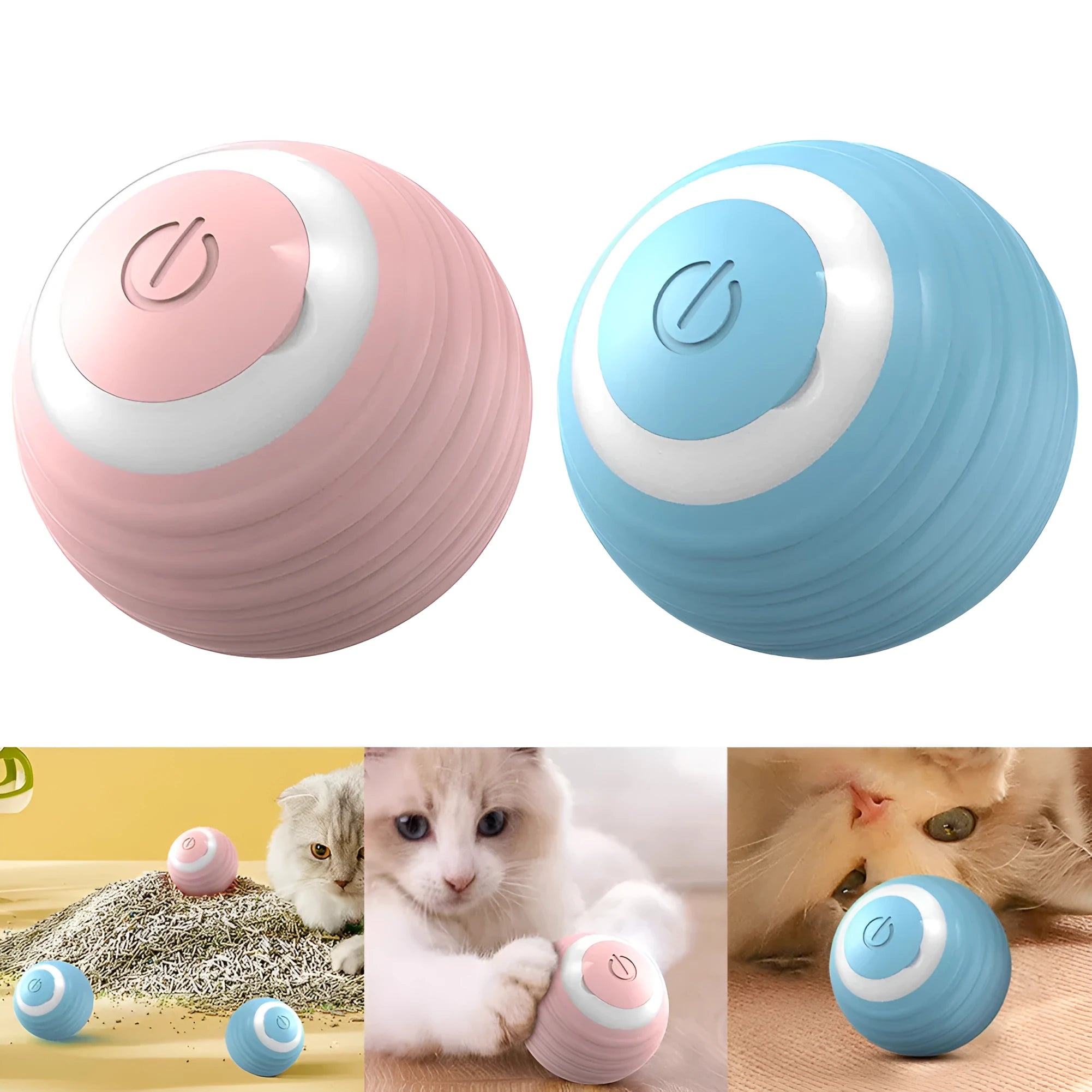 Blue automatic moving cat toy ball with USB charging cable on floor