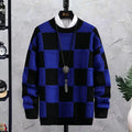 Men's loose fit plaid round neck sweater in black and white acrylic fabric