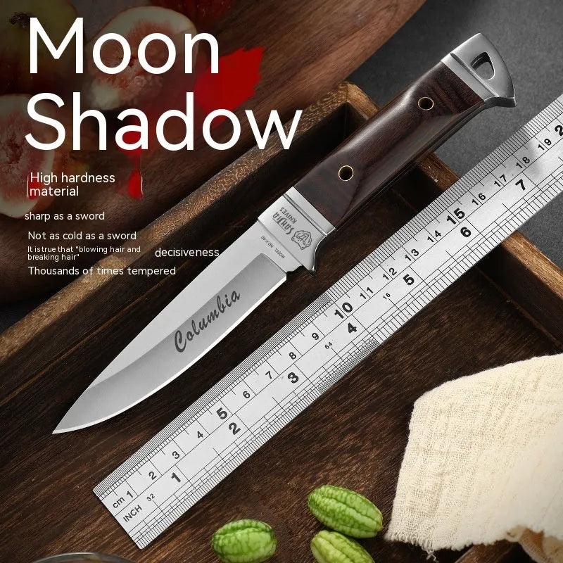 Stainless steel camping fruit knife with a leather protective case.