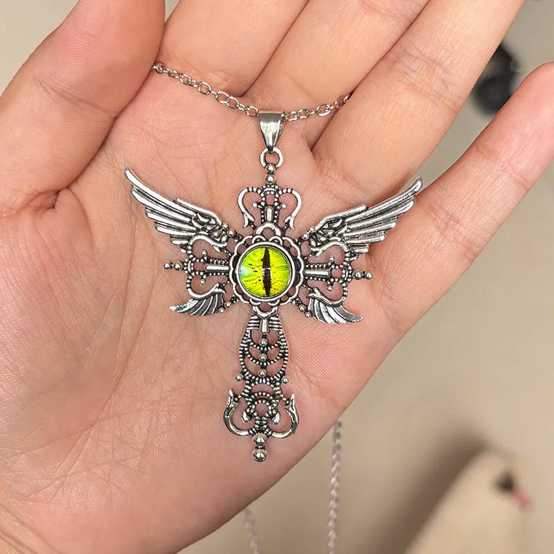 Alloy geometric pendant necklace with devil wings and cross design in blue, green, purple, red, or yellow