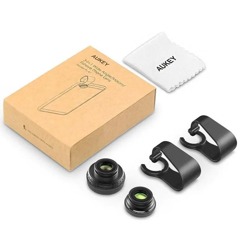 Aukey PL-A1 three-in-one fisheye wide angle macro lens kit for smartphones with clip