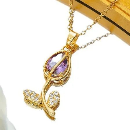 Women's zircon tulip pendant necklace with flower-shaped design on adjustable O-ring chain