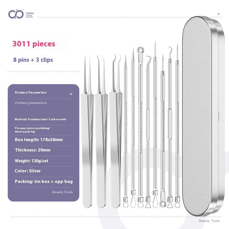 Four silver metal acne needles with pointed tips for skincare extraction