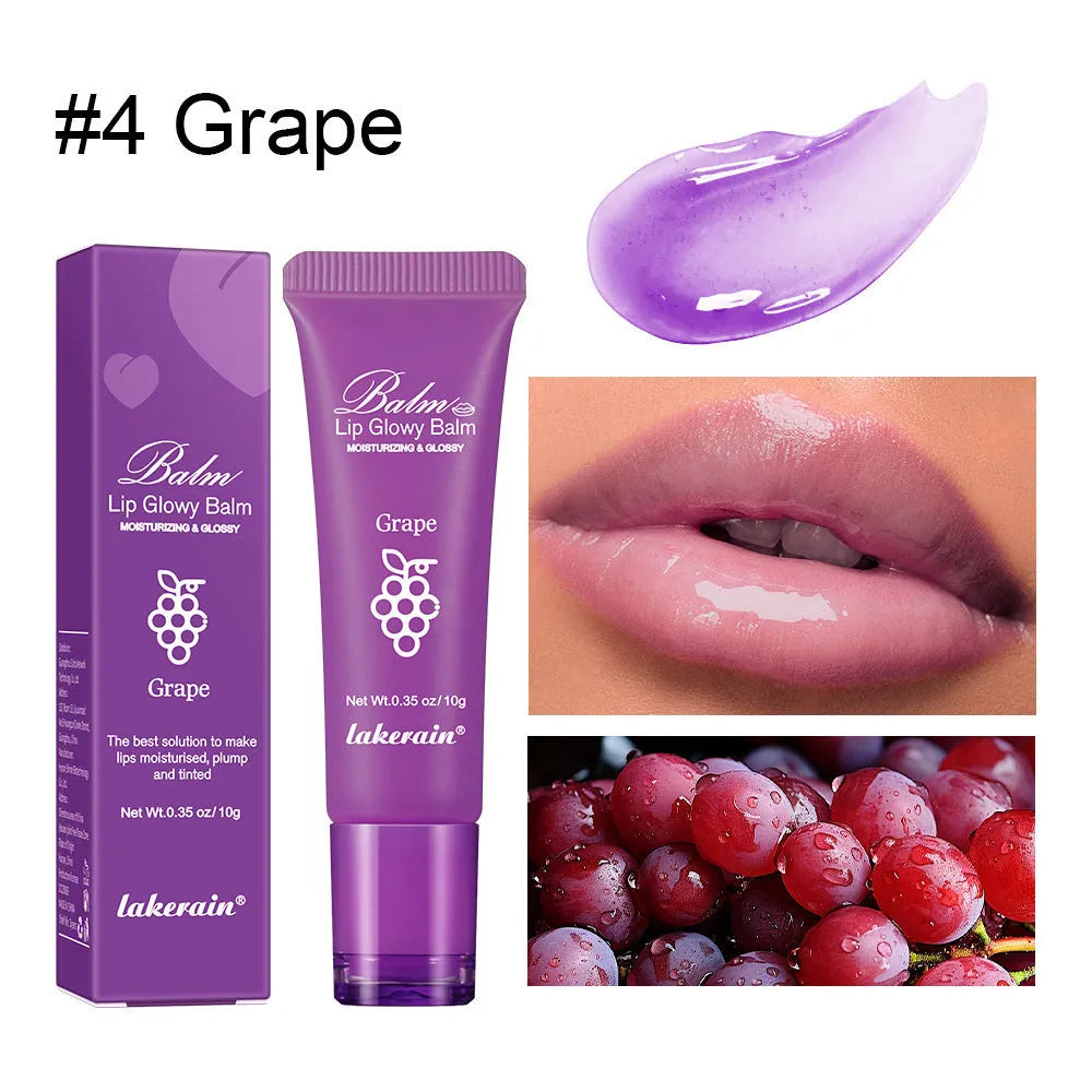 Women's lip gloss in four fruit flavour shades: Berry, Grape, Grapefruit, and Yellow Peach