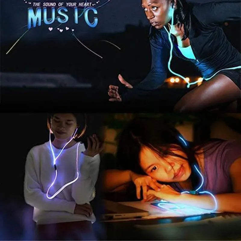 Blue light-up LED earphones with aluminium shells, remote control, and 3.5mm plug on a white background.