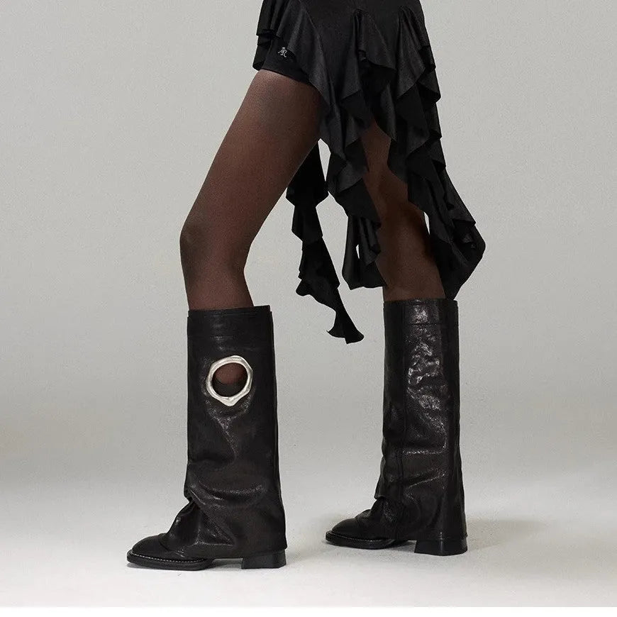 Women's all-matching mid heel knee-high boots in solid colour, square toe, black and apricot options