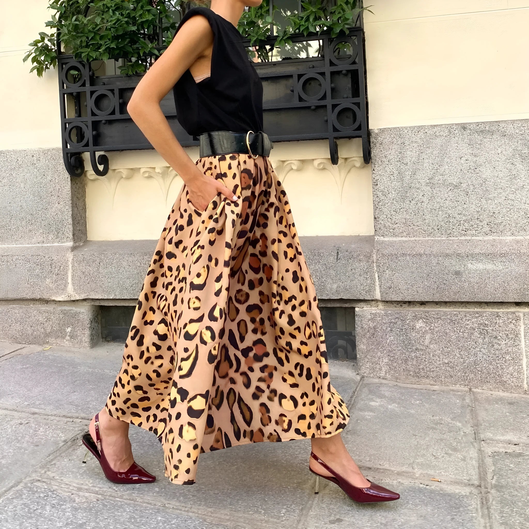 Women's brown leopard print A-line long skirt in polyester fabric