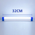 Blue and purple rechargeable LED tube stick light with USB cable, shown in 17cm and 32cm sizes.