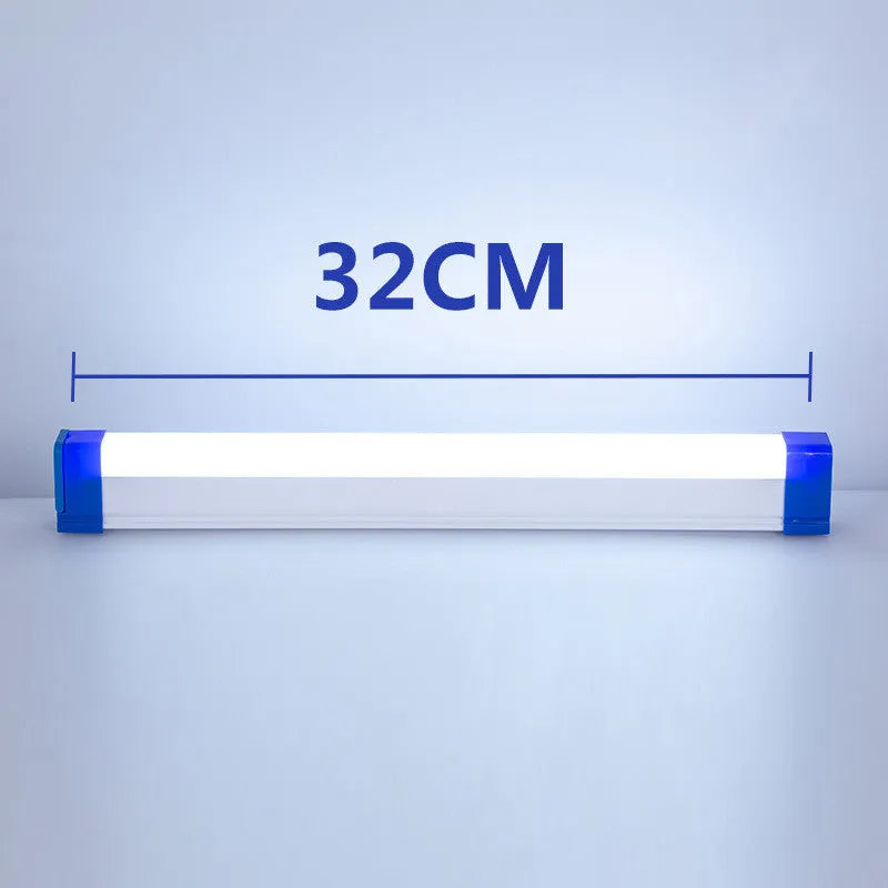 Blue and purple rechargeable LED tube stick light with USB cable, shown in 17cm and 32cm sizes.