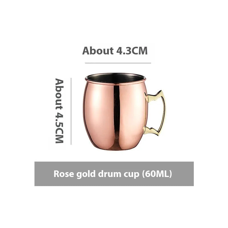 Copper plated stainless steel Moscow Mule mug in hammered and smooth styles, shown in silver, gold, rose gold, and black.
