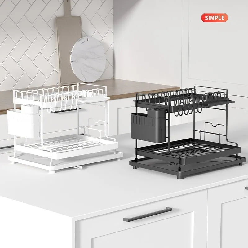 White carbon steel kitchen storage rack with removable draining tray and double-layer design