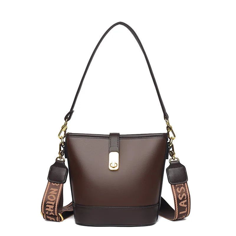 Korean style soft PU leather bucket messenger bag with dual straps in black colour