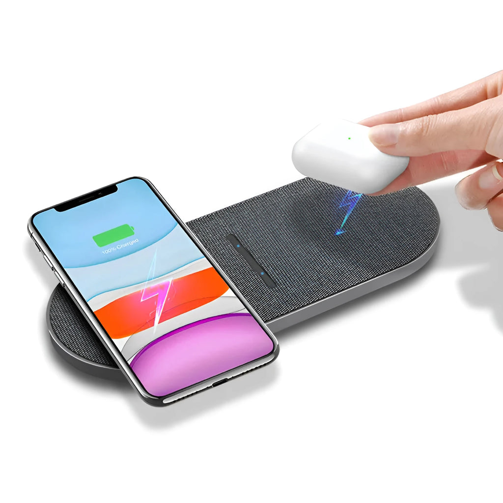 Black dual wireless charging station showing two smartphone charging pads with indicator lights