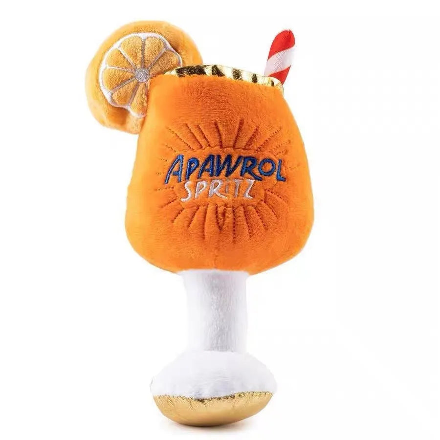 Yellow plush beer bottle squeaky dog toy with teeth cleaning ridges 7cm long