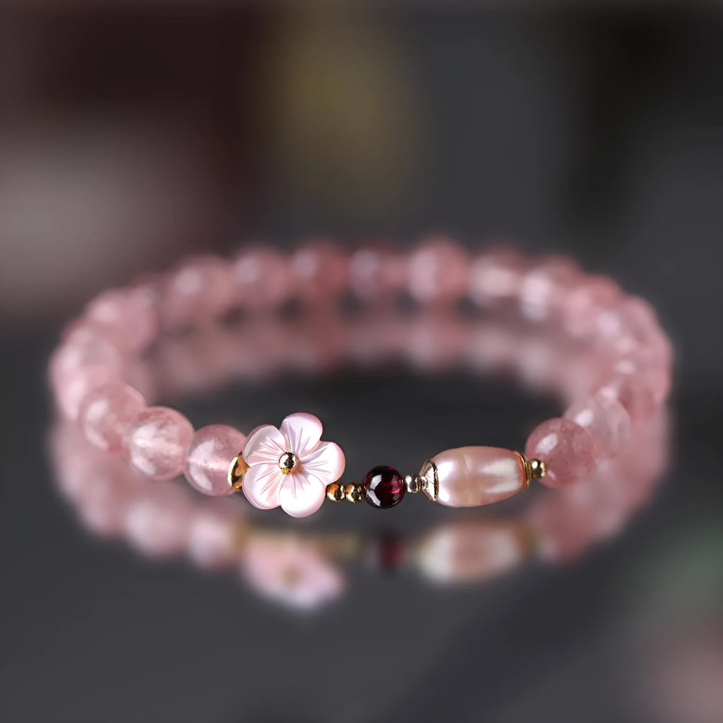 Strawberry quartz peach blossom crystal bracelet with flower design for women