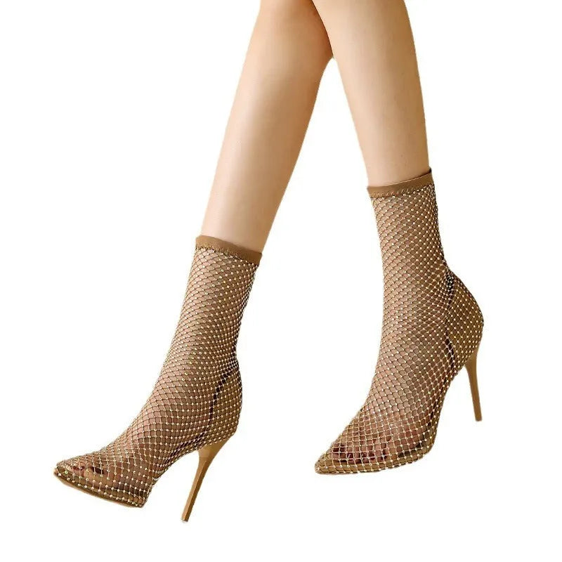 Gold women's stiletto high heel sandals with mesh upper and pointed toe design