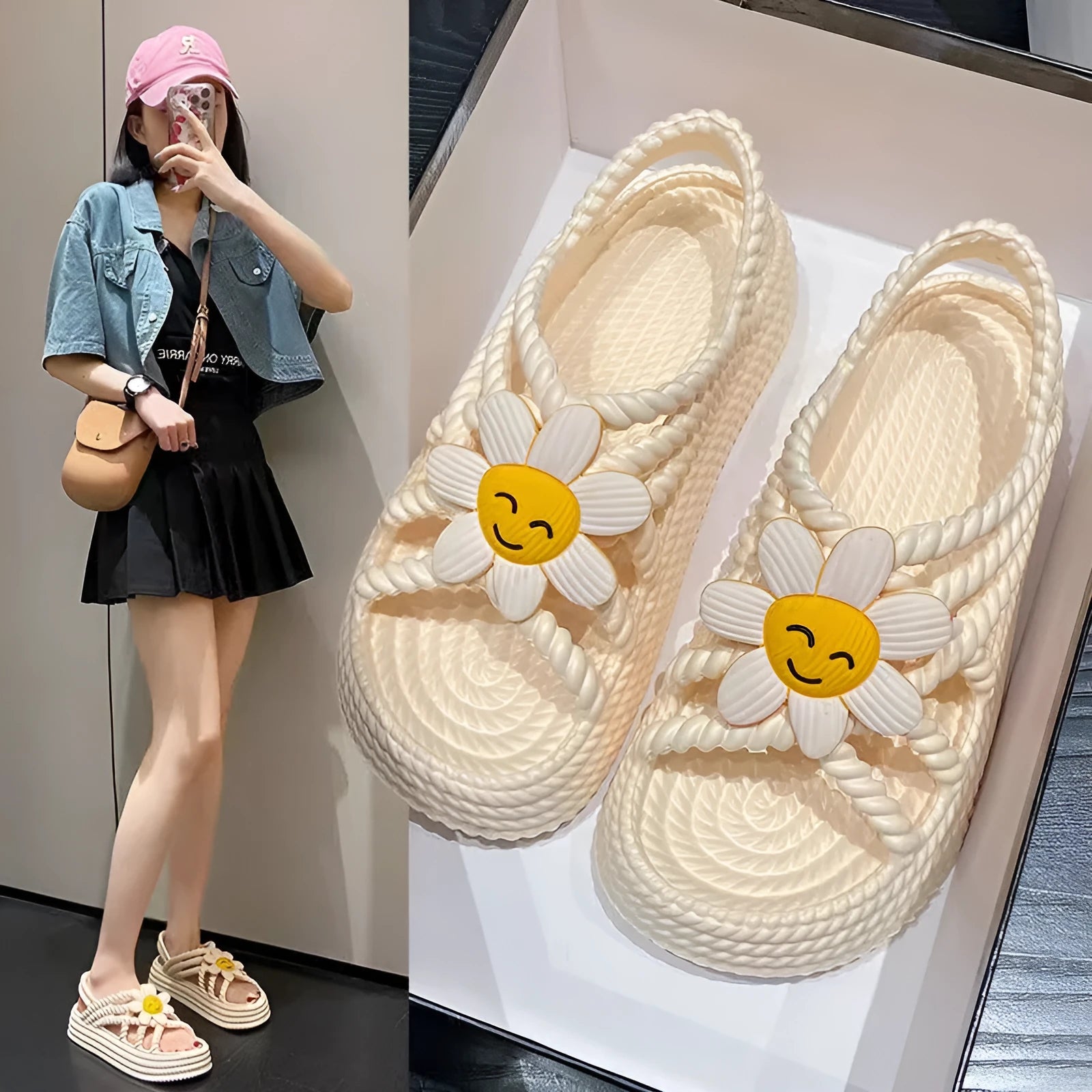 Women's beige PVC sandals with sunflower decoration and non-slip soles