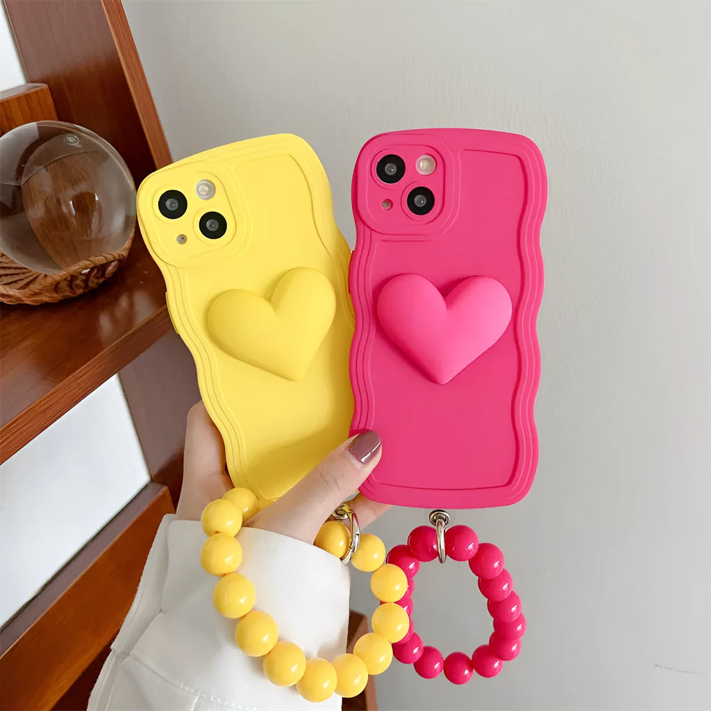 Silicone wavy edge phone case with love ball chain in Rose Red for iPhone 14 Pro Max