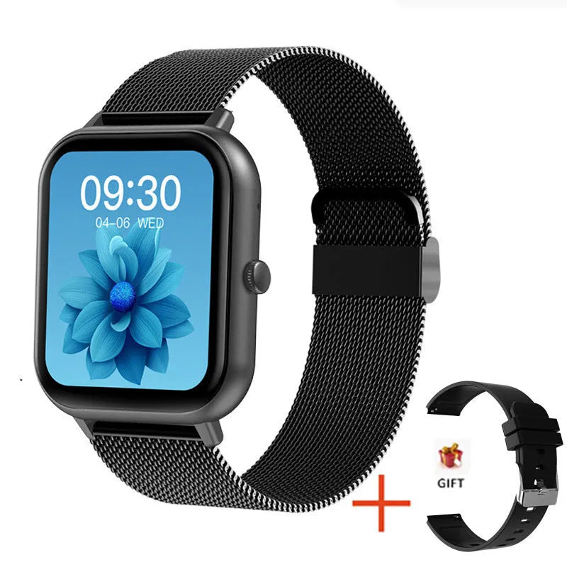 Smart watch with AMOLED display showing health metrics including heart rate, blood pressure and blood oxygen readings
