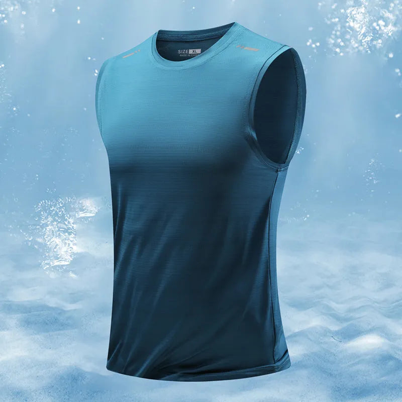A man's loose-fit sleeveless vest in a solid colour, showing the straight hem and casual style.