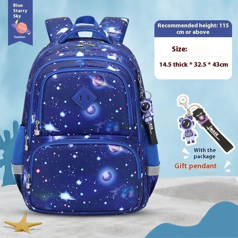 Blue children's waterproof school backpack with dinosaur pattern and curved shoulder straps on a white background.
