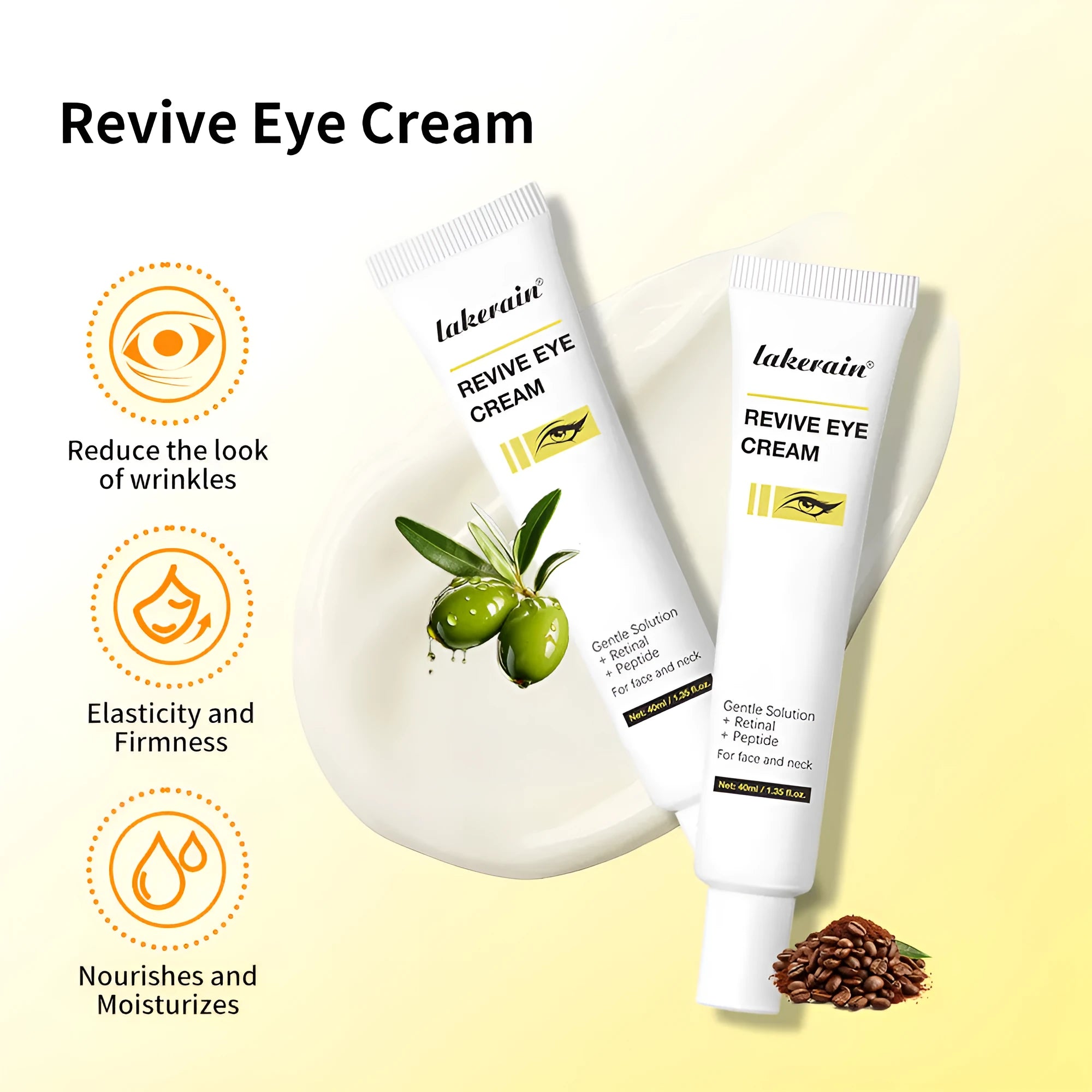 40ml tube of eye cream for treating dark circles, fine lines, and under-eye bags.