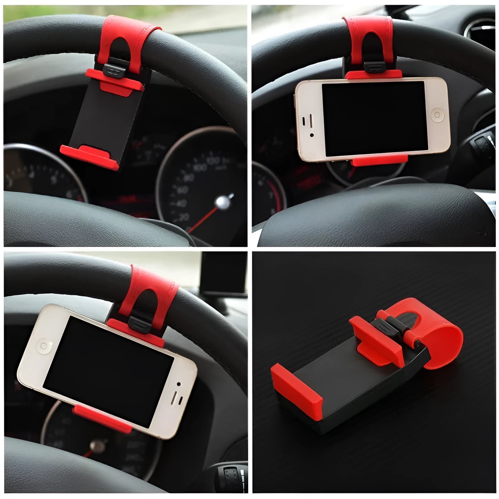 Universal black car steering wheel clip mount holder attached to a steering wheel, holding a mobile phone.