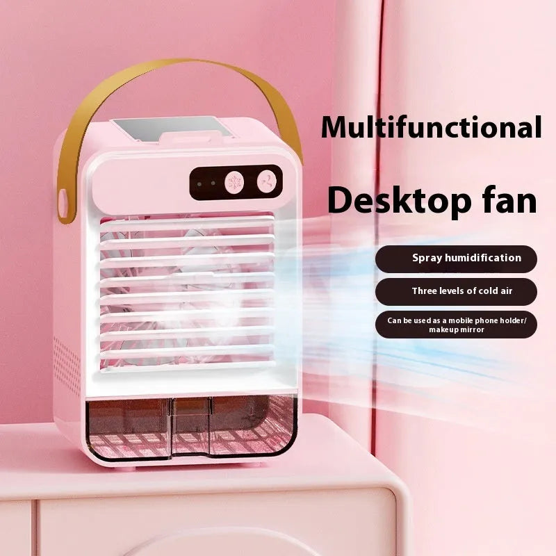 Dark green or ivory white USB desk fan with plastic casing and five blades, shown next to a scale indicating 19cm width.